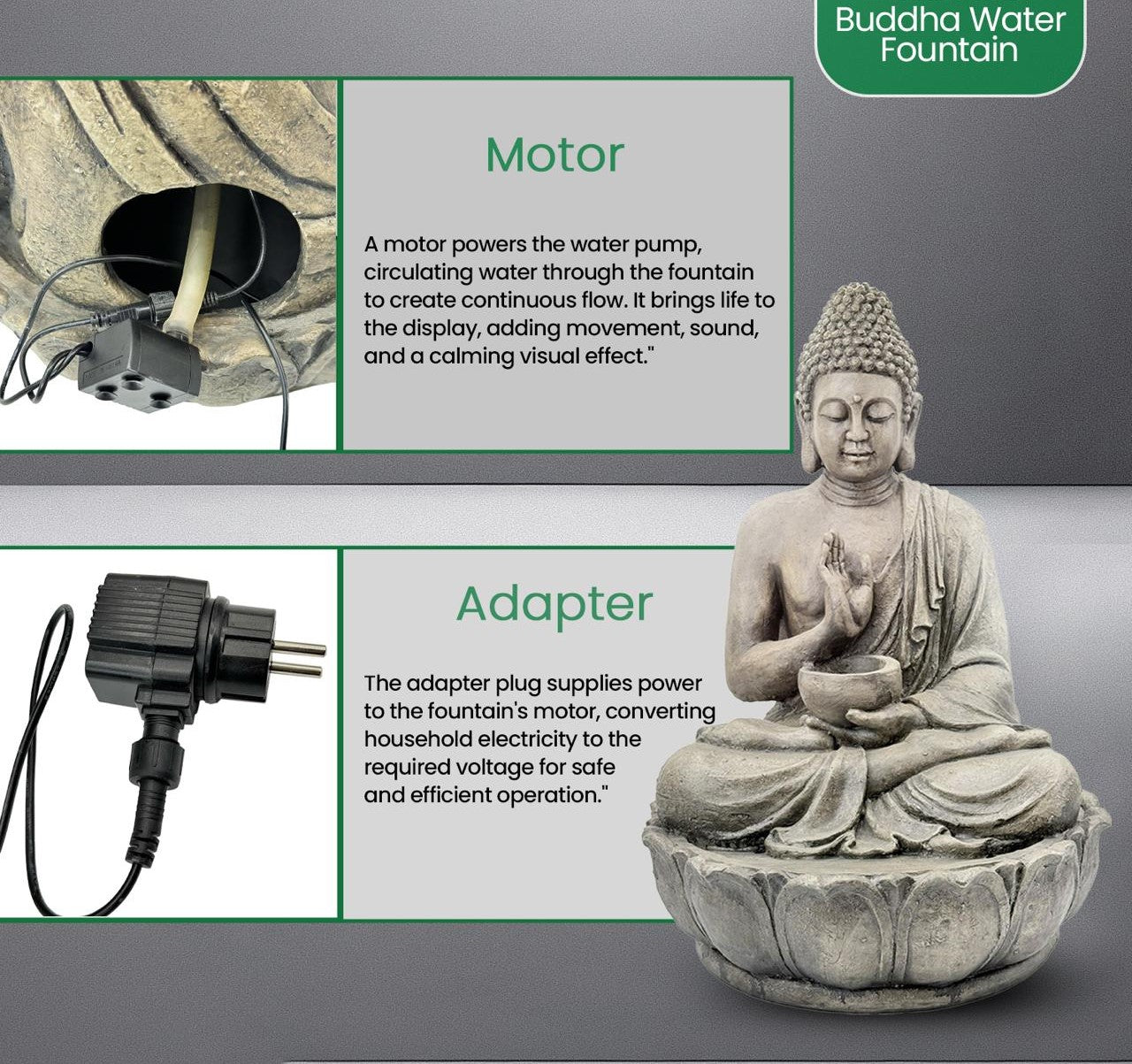 Buddha Meditation Water Fountain - Stone Finish