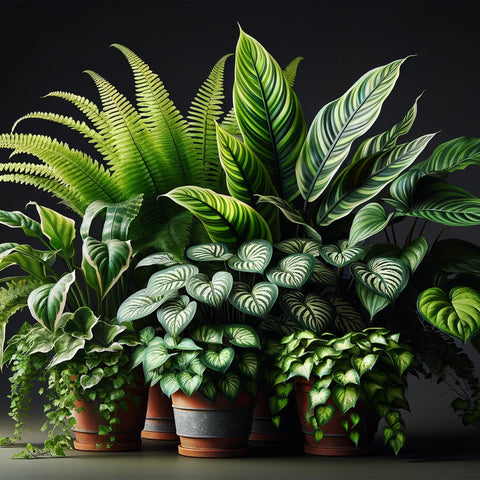 indoor plant scene featuring a Boston Fern, Curly Croton, and Dieffenbachia Compacta