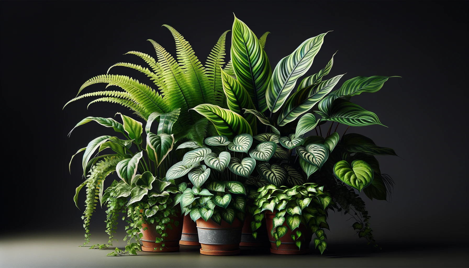 indoor plant scene featuring a Boston Fern, Curly Croton, and Dieffenbachia Compacta
