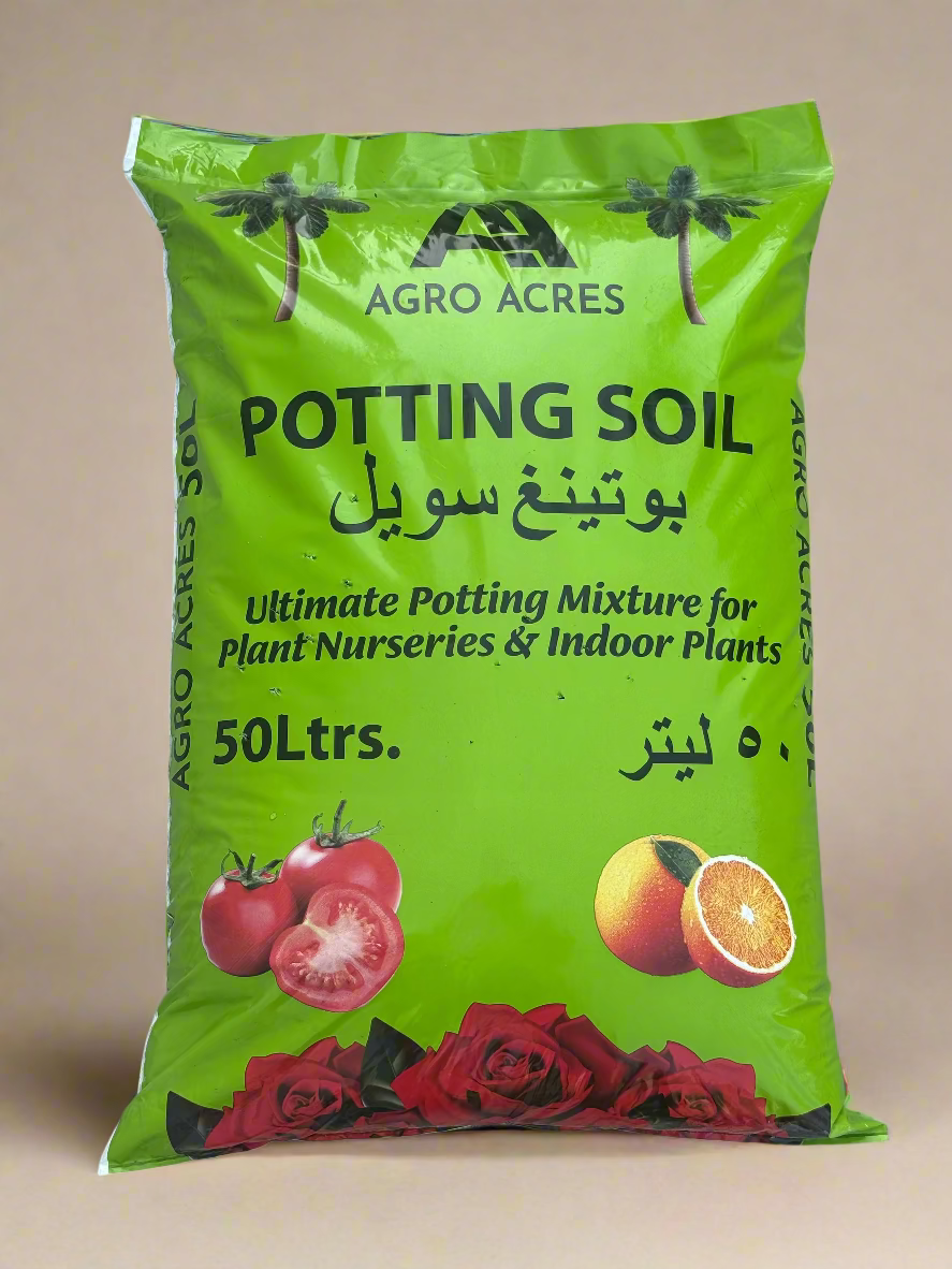 Bag of Agro Acres potting soil on a beige background