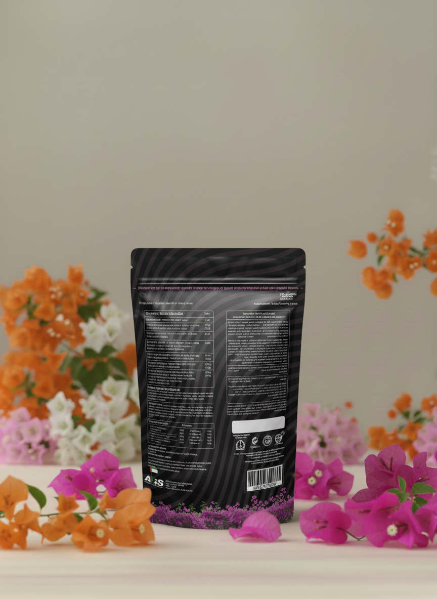Bougainvillea feed 250gm packet back view with flowers